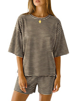 LOMON Two Piece Sets for Women Summer 3/4 Sleeve Tops and Elastic Waist Shorts Pajamas Cute Comfy Soft Lounge Striped Pjs