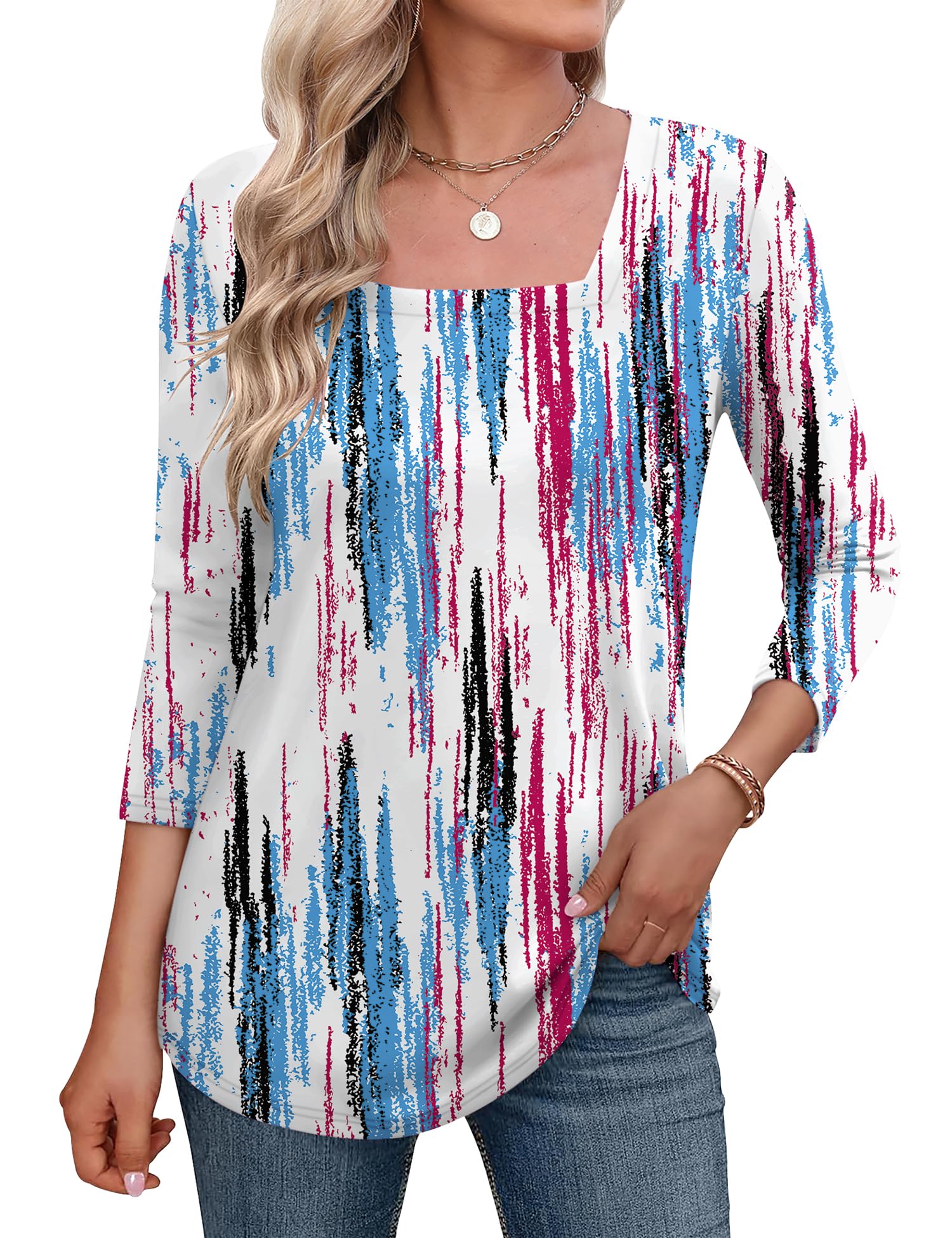 LOMON Women's 3/4 Sleeve Shirts Square Neck Summer Tops Dressy Casual Basic Tees Ladies T Shirts Blouses