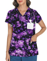 LOMON Women's V Neck Printed Scrub Top with 3 Pockets