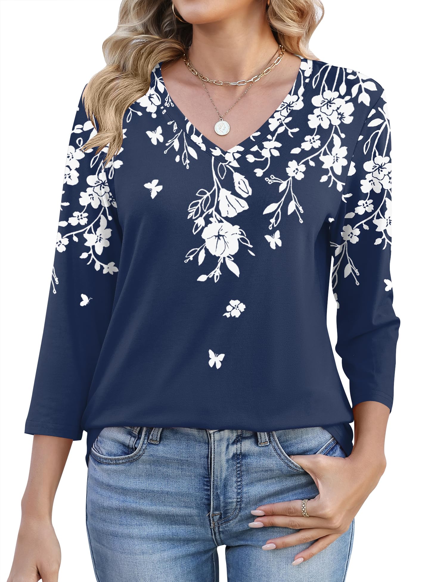 Lomon Women's V Neck T Shirts 3/4 Sleeve Blouse Summer Tops Dressy Casual Basic Tees