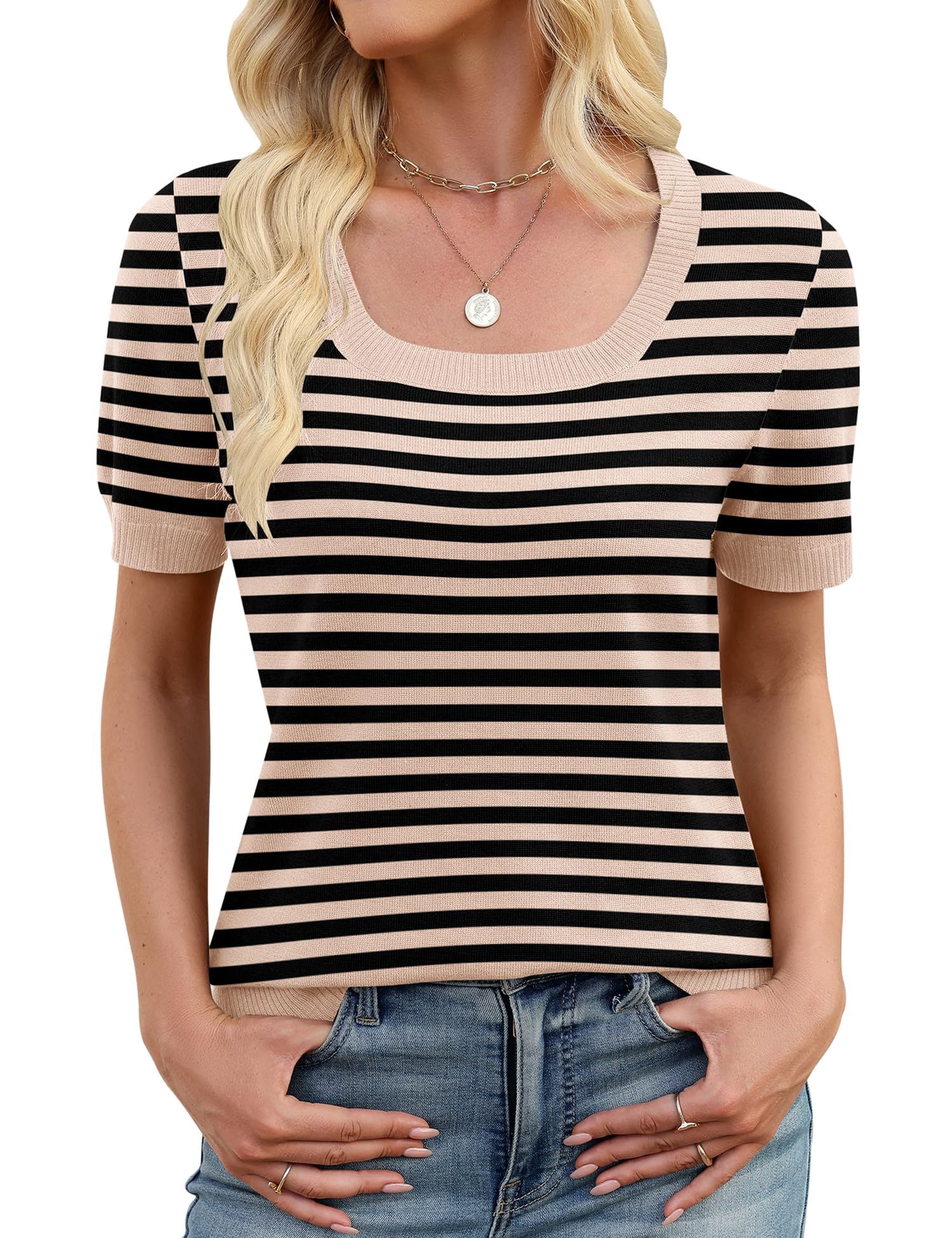 LOMON Womens Short Sleeve Sweater Spring Square Neck Knit Tops Summer Fahshion Business Casual Tops