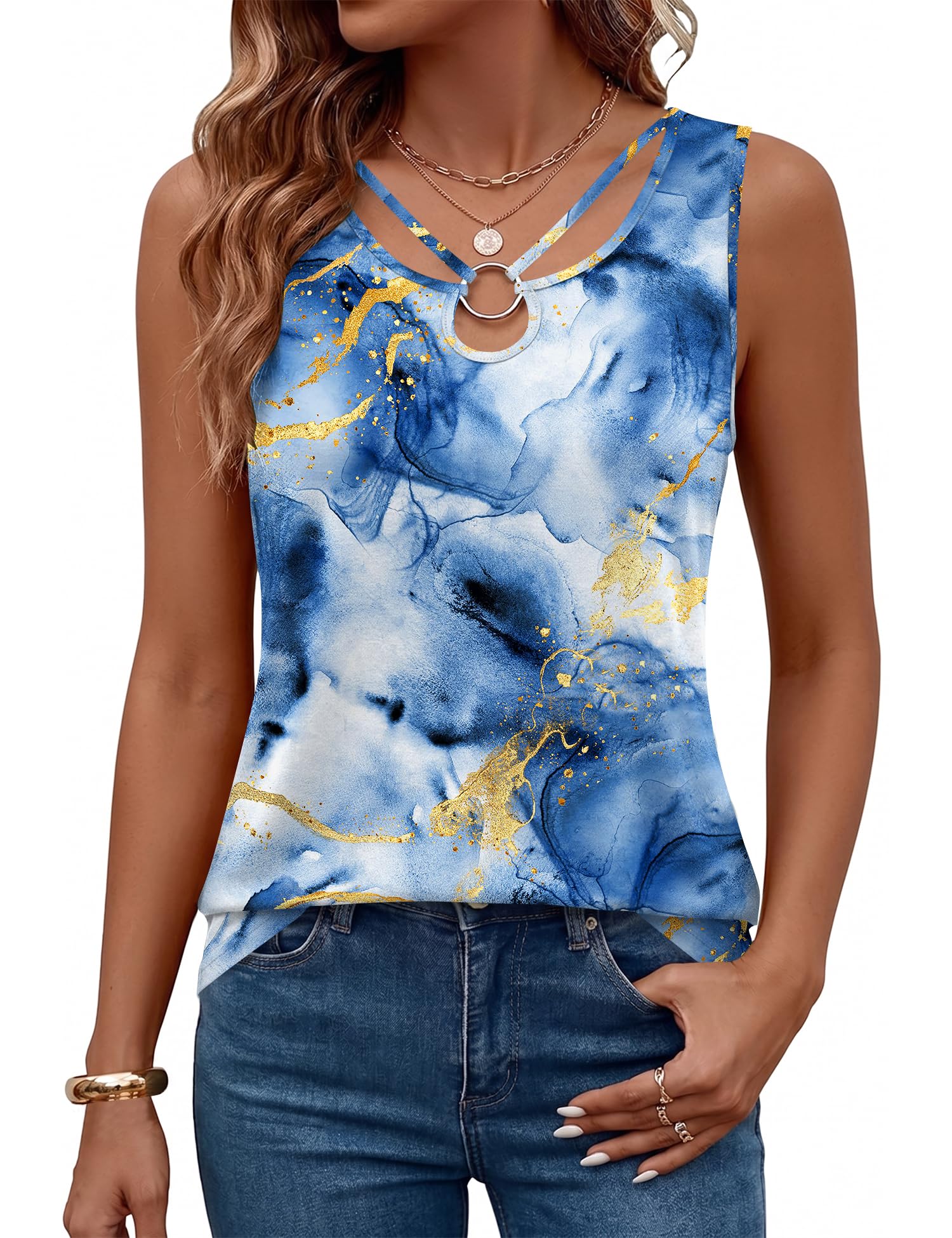 LOMON Womens Summer Tank Tops Sleeveless Shirts V Neck Casual Tee Cut Out Ring Keyhole Tanks Camisole Blouse