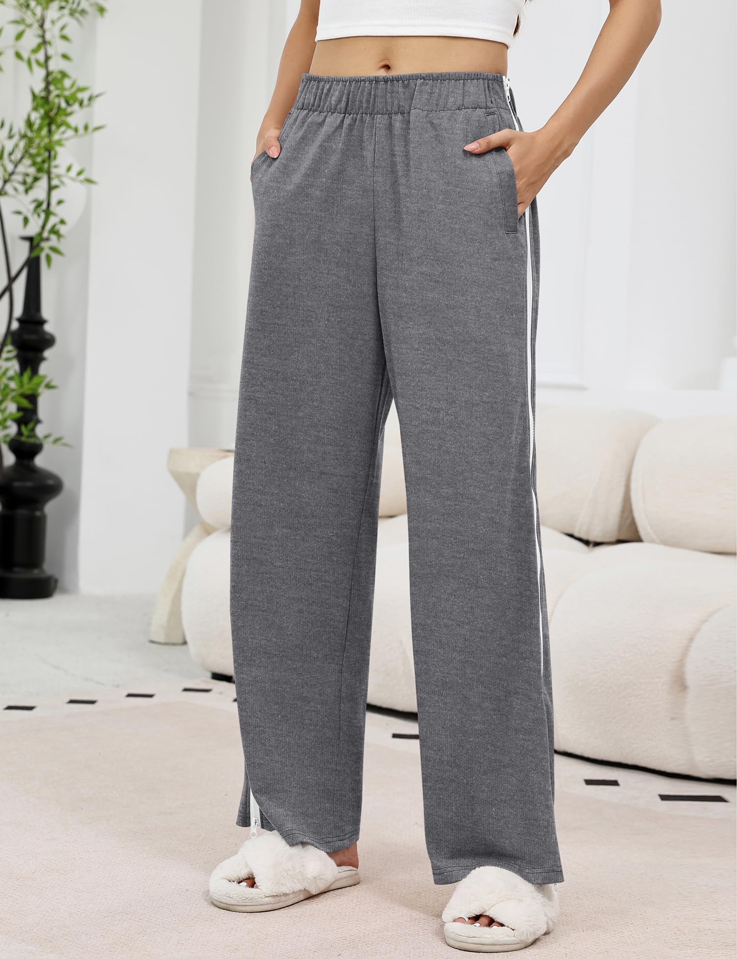 LOMON Womens Tear Away Pants Sides Full Open Sweatpants Double Slider Zip Off Post Surgery Pant with Pockets