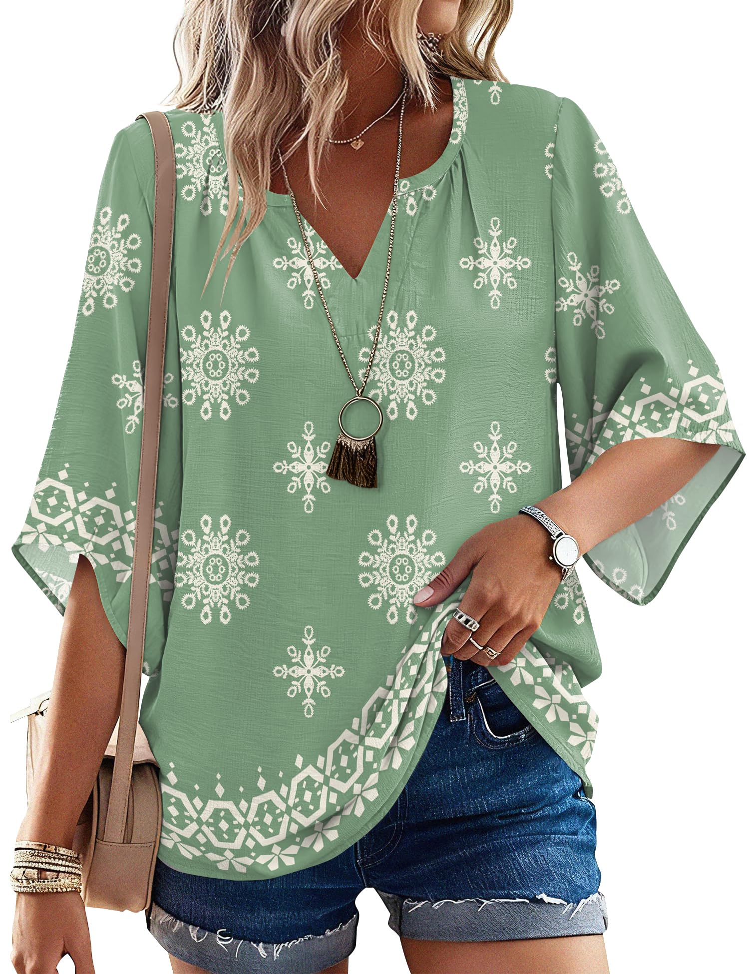 LOMON Women's 3/4 Length Sleeve Boho Tops V Neck Casual Vacation Clothes Loose Fit Tunic Shirts S-3XL