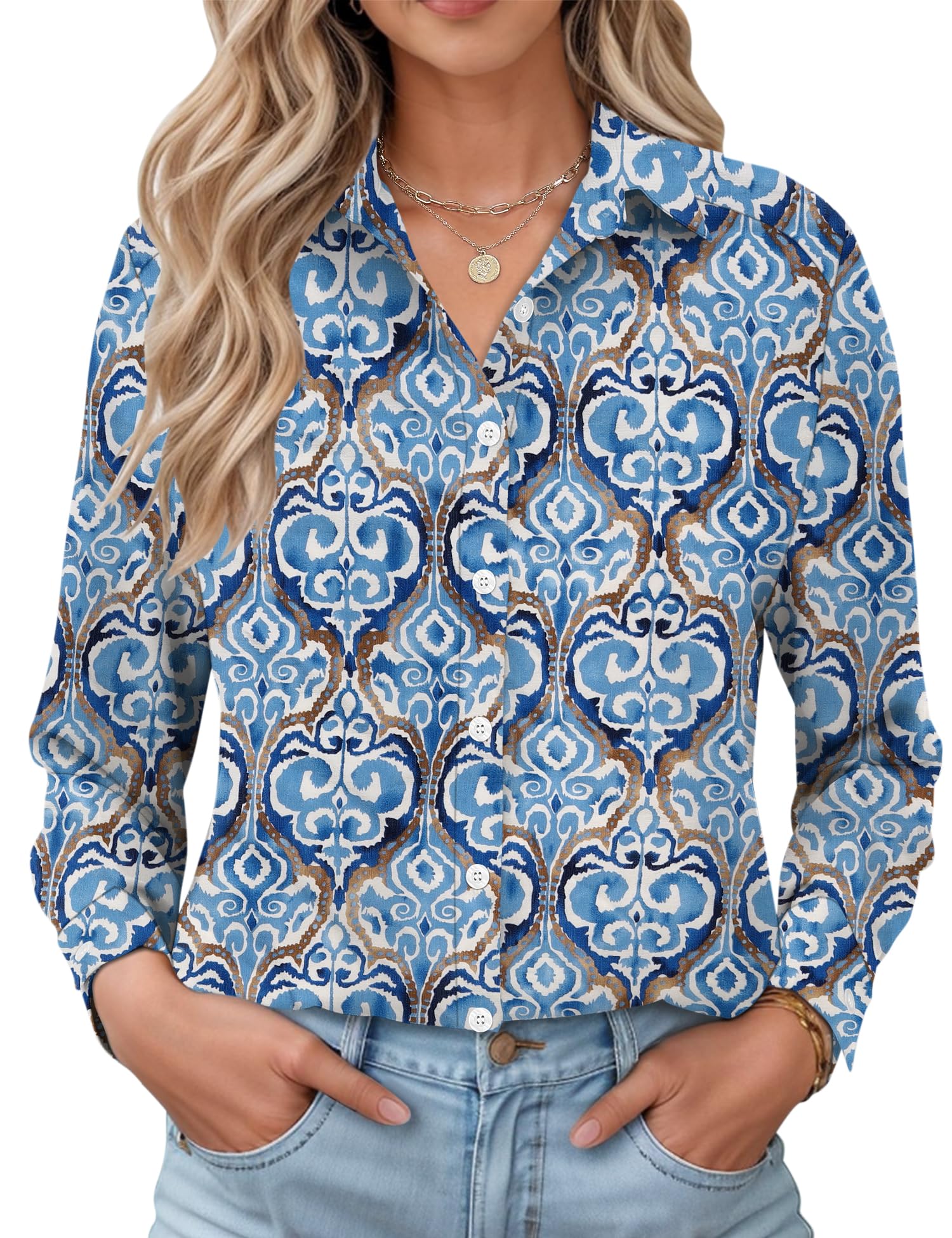 LOMON Womens Long Sleeve Button Down Shirts Casual Loose Fit Cotton Collared Blouses