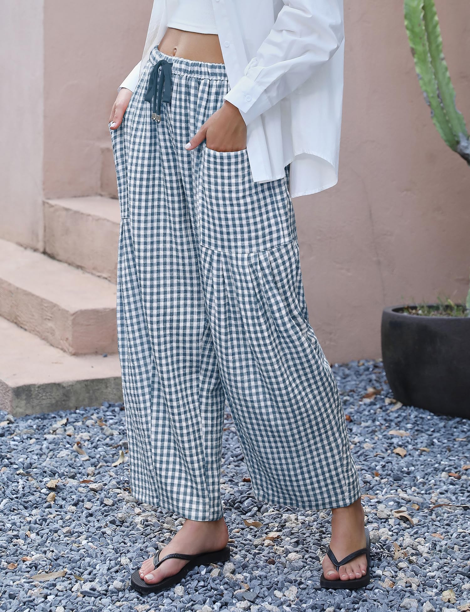 LOMON Womens Wide Leg Linen Pants Casual Drawstring Palazzo Harem Pants Summer Loose Beach Travel Vacation Pants with Pockets
