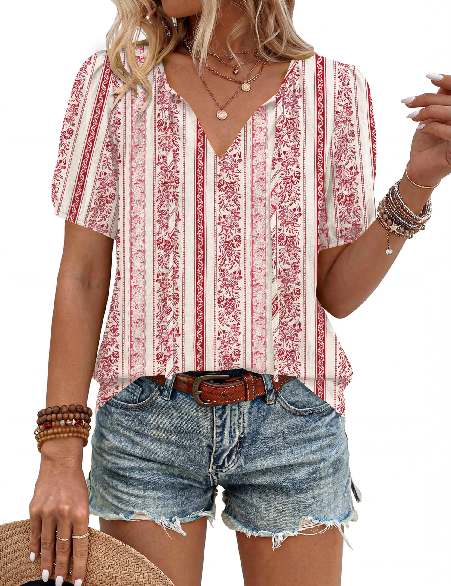 LOMON Boho Tops for Women Summer V-Neck Tie Front Peasant Blouses Casual Puff Sleeve Loose-Fit Flowy Shirts Beach Vacation