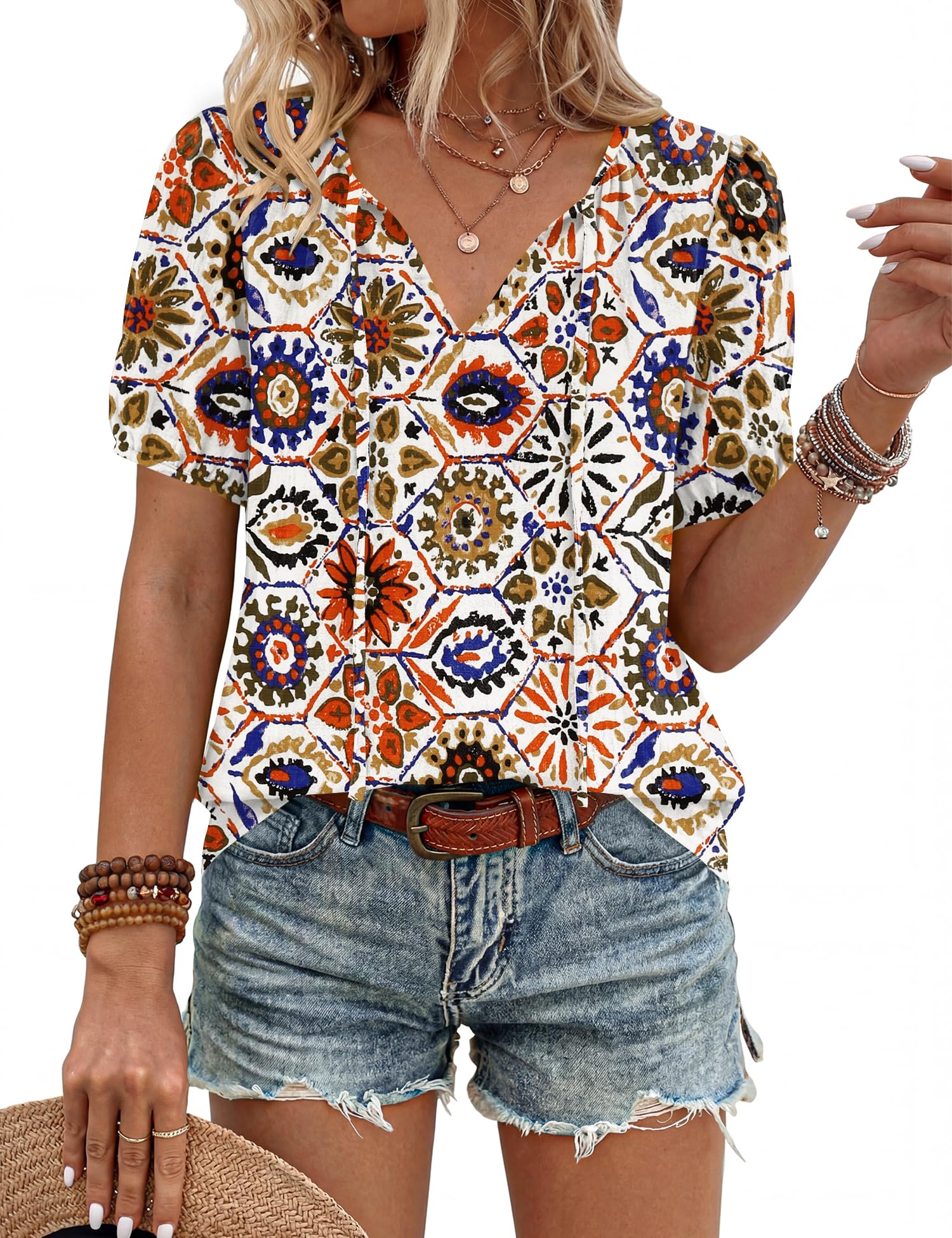 LOMON Boho Tops for Women Summer V-Neck Tie Front Peasant Blouses Casual Puff Sleeve Loose-Fit Flowy Shirts Beach Vacation
