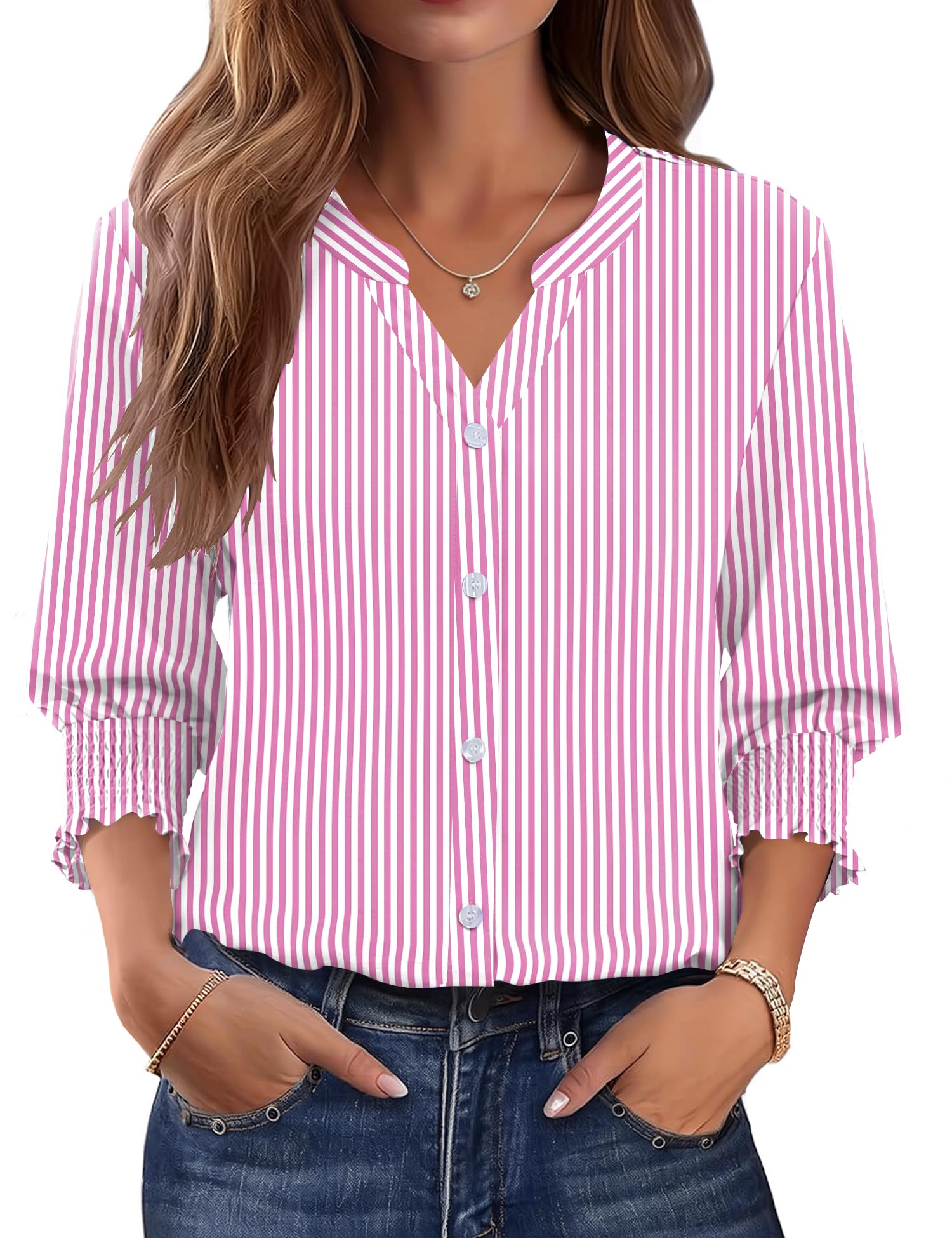 LOMON Button Down Shirts for Women 3/4 Length Sleeve Business Casual Blouses 2026 Summer Tops