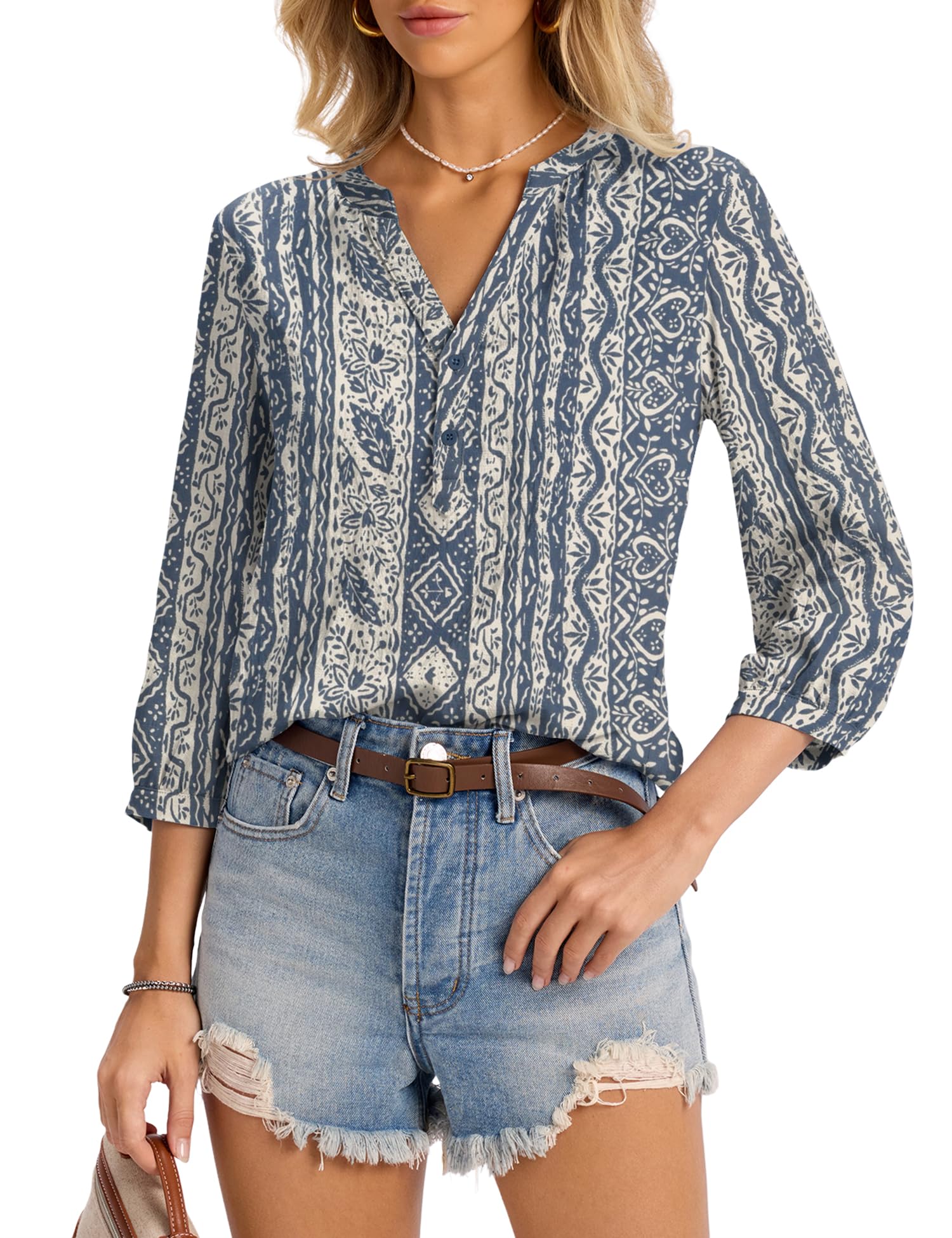 LOMON Womens Tops Dressy Summer 3/4 Length Sleeve Henley V Neck Button Down Shirts Pleated Blouses S-XXL