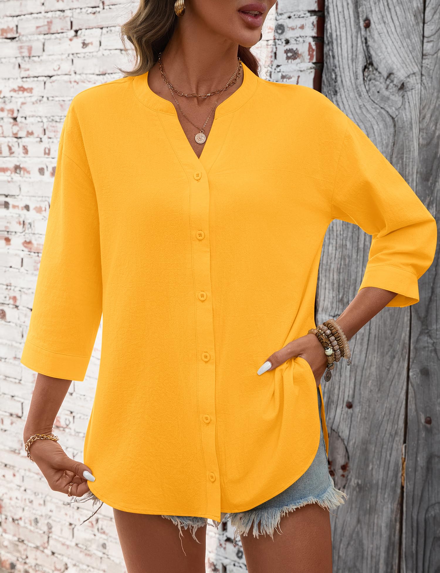 LOMON 3/4 Length Sleeve Womens Tops V Neck 3/4 Sleeve Sides Slit Button Down Shirts Cotton Linen Casual Loose Blouses