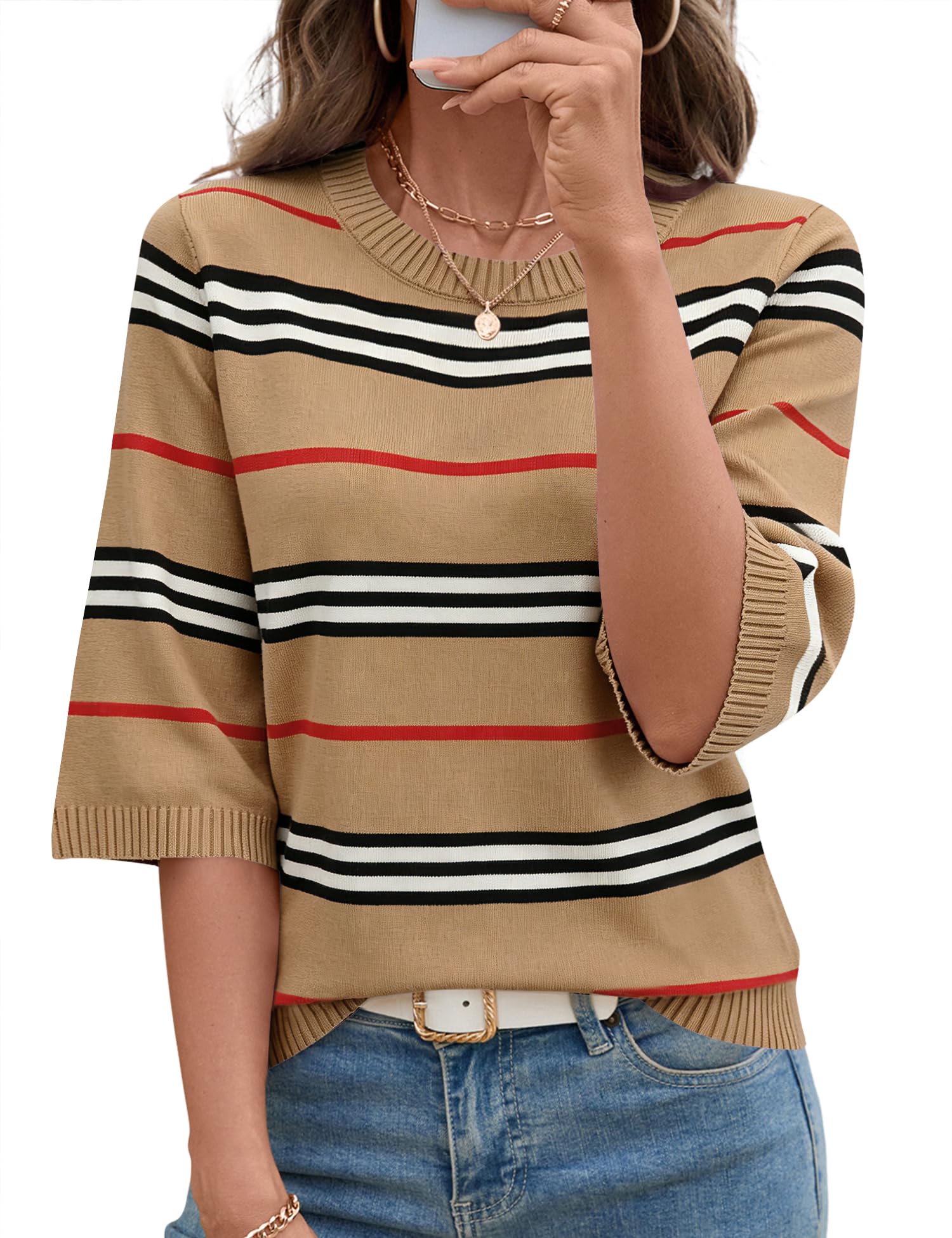 LOMON Womens Sweaters Casual Fall 2025 Crew Neck Striped 3/4 Sleeve Lightweight Knit Trendy Pullover Sweater Tops S-XL