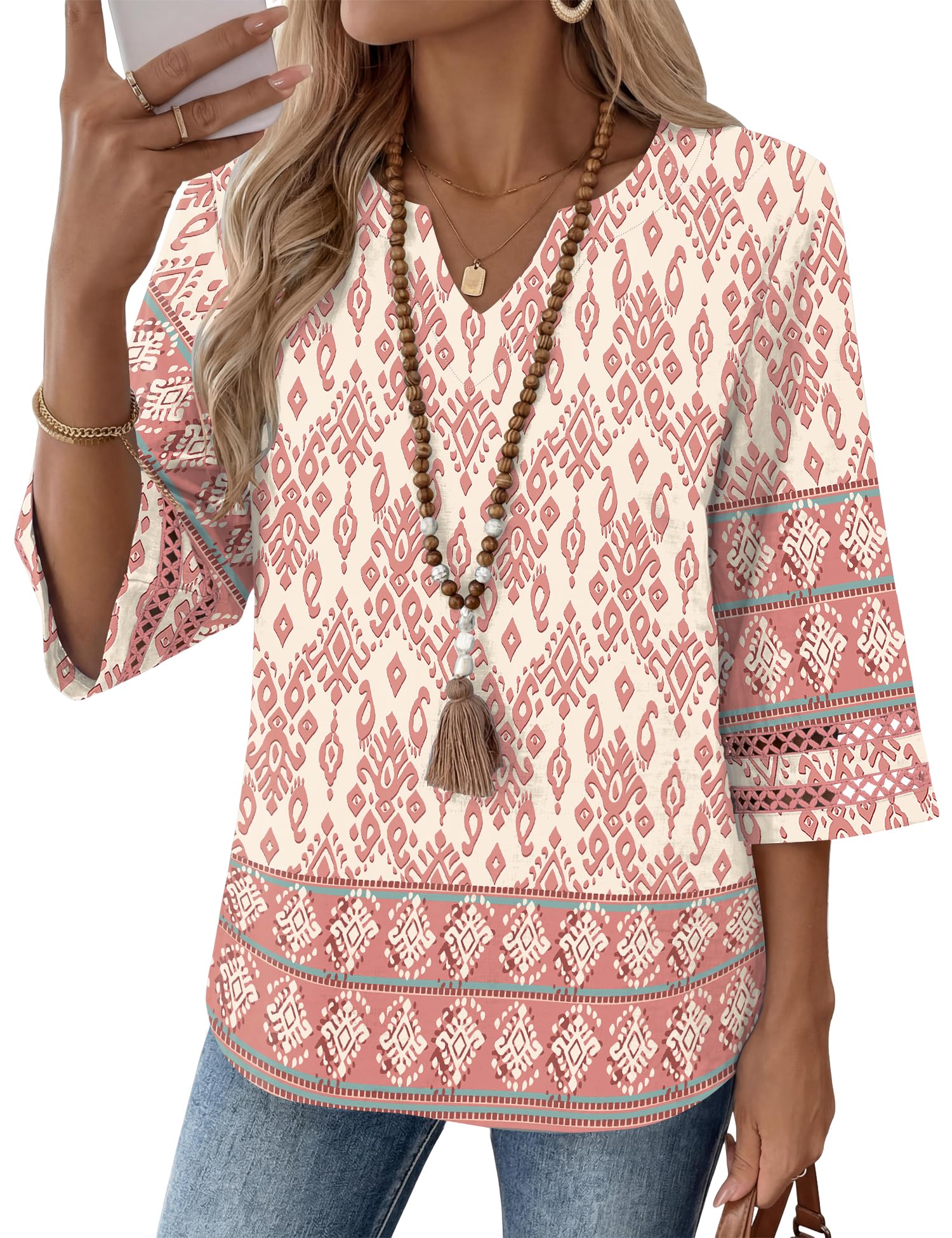 LOMON Womens 3/4 Sleeve V Neck Bohemian Blouses Casual Loose Fit Tunic Tops Vacation Clothes