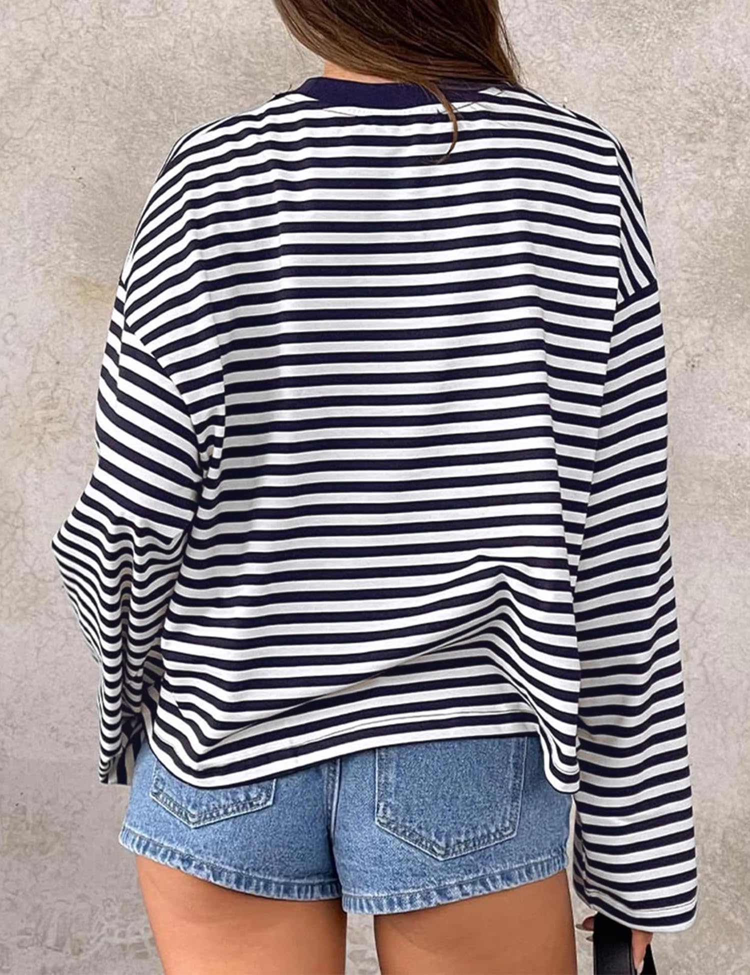 LOMON Striped Long Sleeve Shirt Women Y2k Oversized Crewneck Fall Spring Drop Shoulder Vintage Tops Teen Girl Clothes