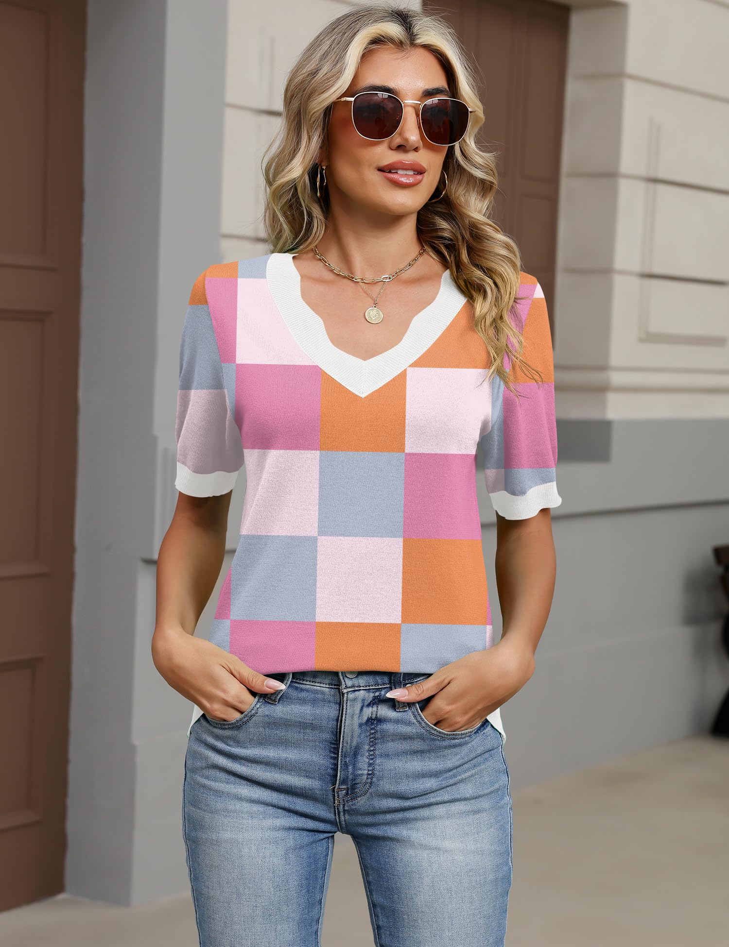 LOMON Womens 2026 Spring V Neck Sweater Casual Tops Short Sleeve Lightweight Ribbed Knit Pullover Sweaters