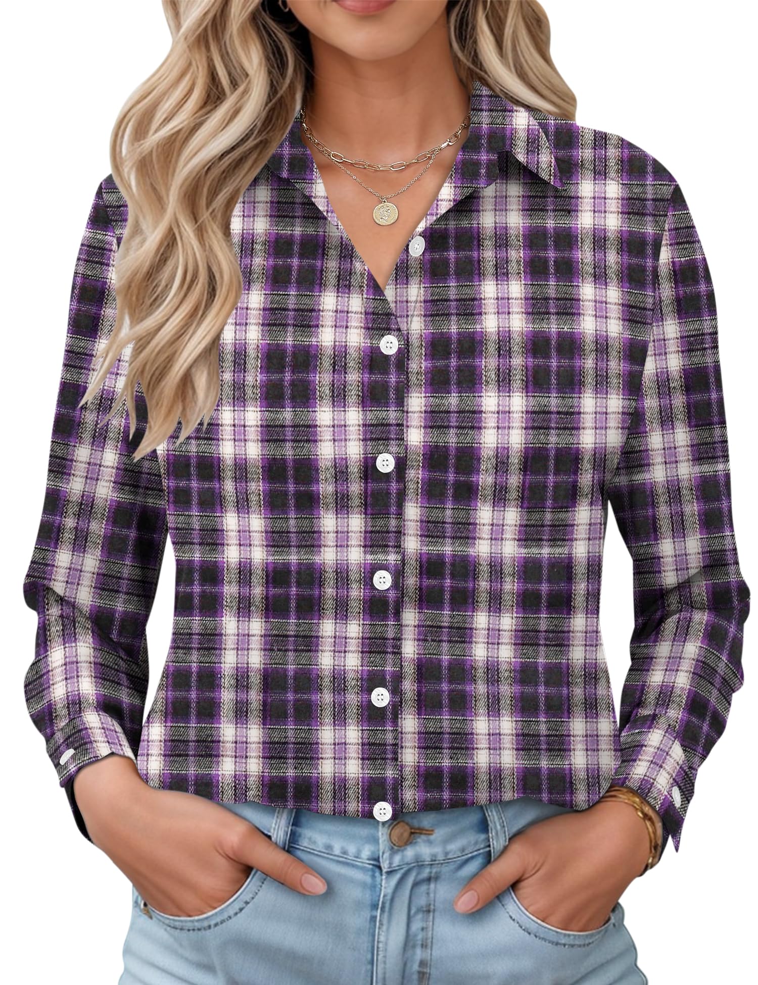 LOMON Womens Long Sleeve Button Down Shirts Casual Loose Fit Cotton Collared Blouses