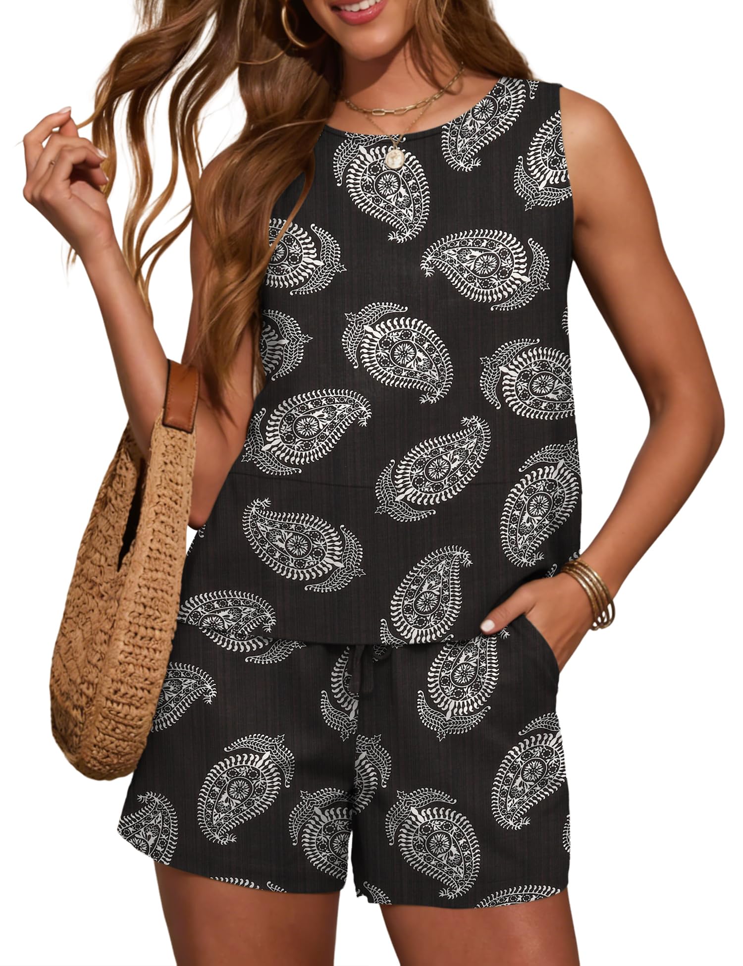 LOMON Women's Trendy 2 Piece Outfits Shorts Sets Summer Crew Neck Sleeveless Tank Top and Bottom Matching with Pockets 2026