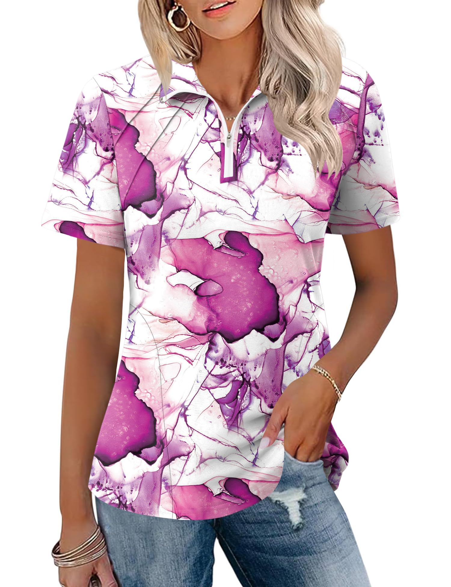 LOMON Womens Golf Polo Shirts Summer Short Sleeve 1/4 Zip Tops Moisture Wicking Casual Tennis Activewear with Pockets