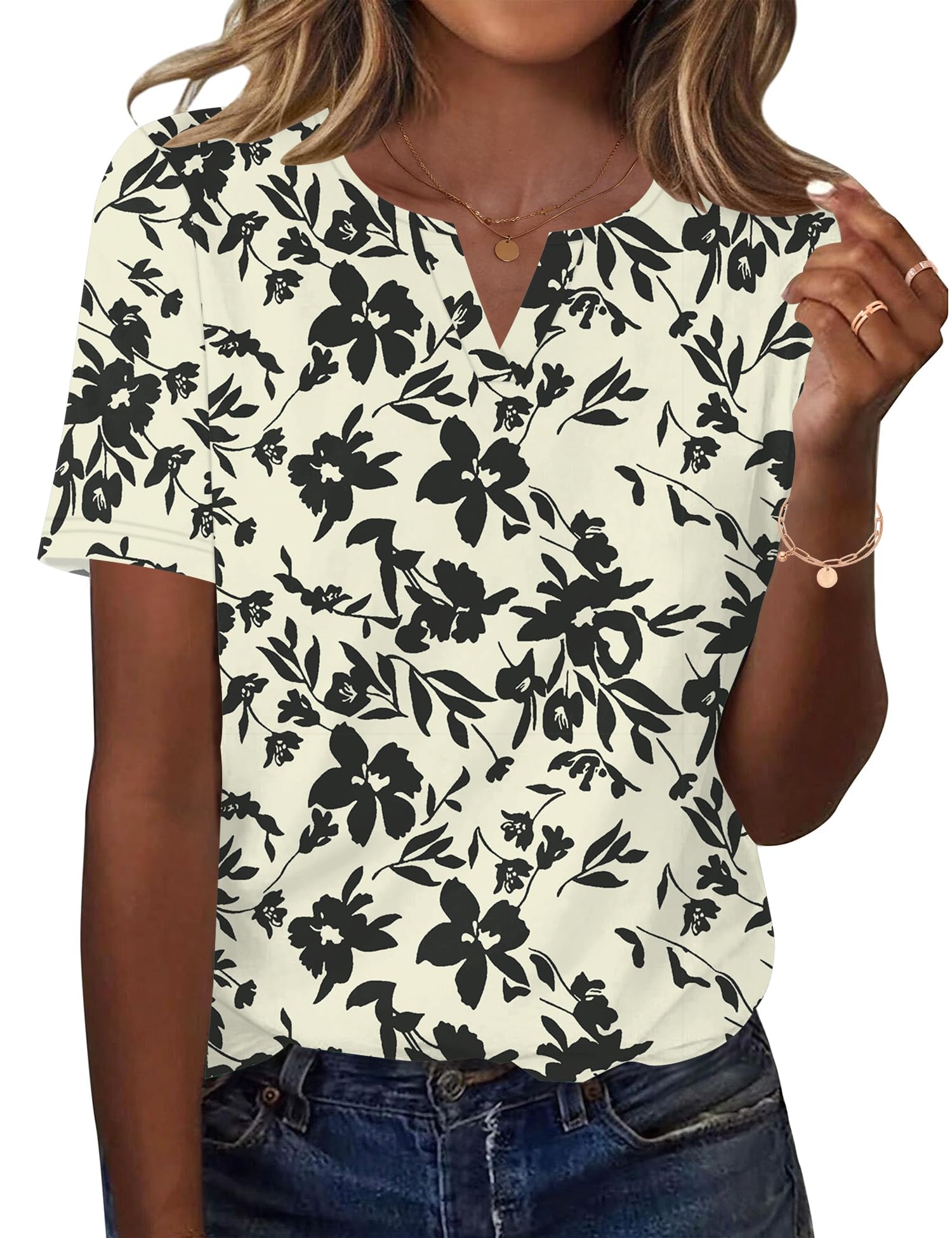 LOMON Womens Short Sleeve V Neck T Shirts Summer Tops Basic Tees Business Casual Blouses Trendy Fashion Clothes