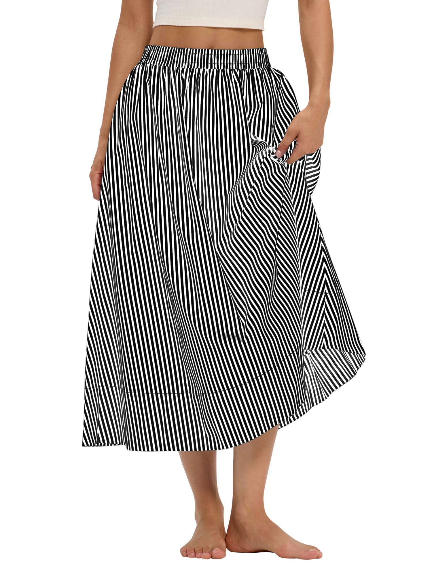 LOMON Midi Skirts for Women A-Line Cotton Flowy Maxi Skirt Boho Summer Beach Casual Elastic Waist Dress Outfit with Pockets