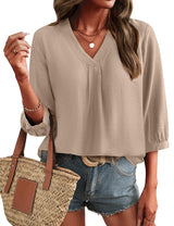 LOMON Womens 3/4 Sleeve V Neck Boho Peasant Blouses Dressy Casual Breathable Soft Tunic Tops with Button Cuffs