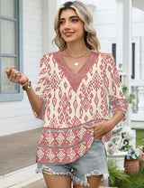 LOMON Women's 3/4 Length Sleeve Boho Tops V Neck Lace Summer Outfits Dressy Casual Flowy Shirts Vacation Clothes Blouses