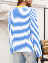 LOMON Striped Long Sleeve Shirt Women Y2k Oversized Crewneck Fall Spring Drop Shoulder Vintage Tops Teen Girl Clothes