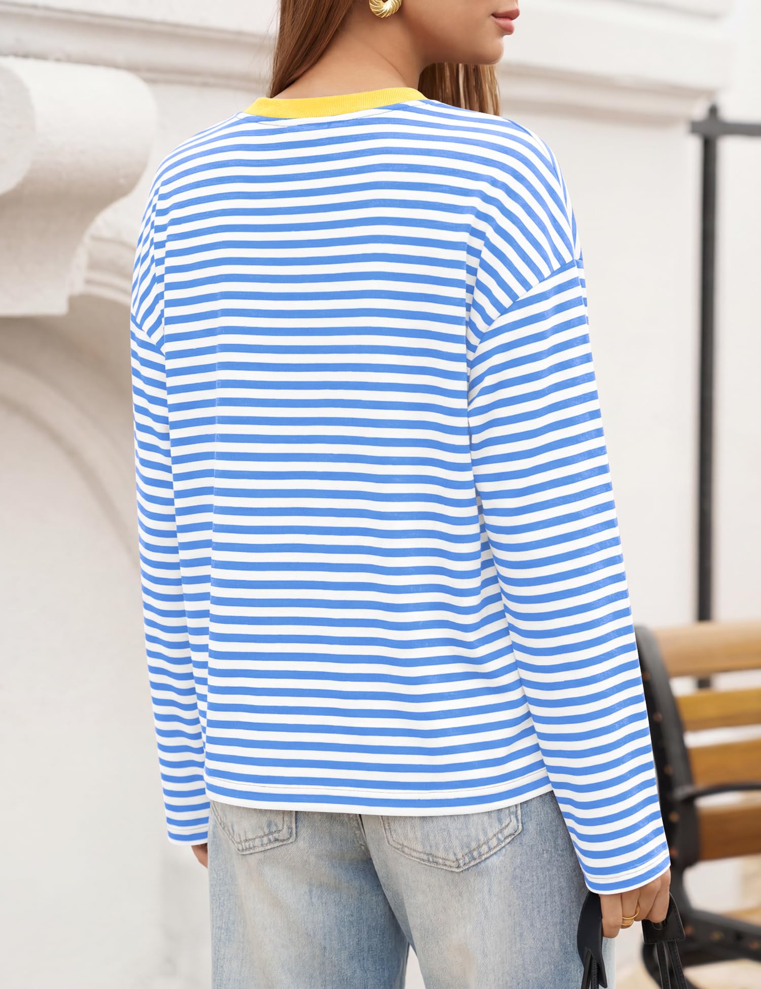 LOMON Striped Long Sleeve Shirt Women Y2k Oversized Crewneck Fall Spring Drop Shoulder Vintage Tops Teen Girl Clothes