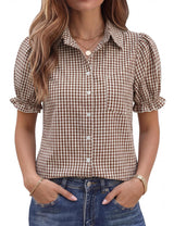 LOMON Linen Shirts for Women Puff Sleeve Button Down Summer Casual Cotton Linen Blouses Collared Work Tops Dressy