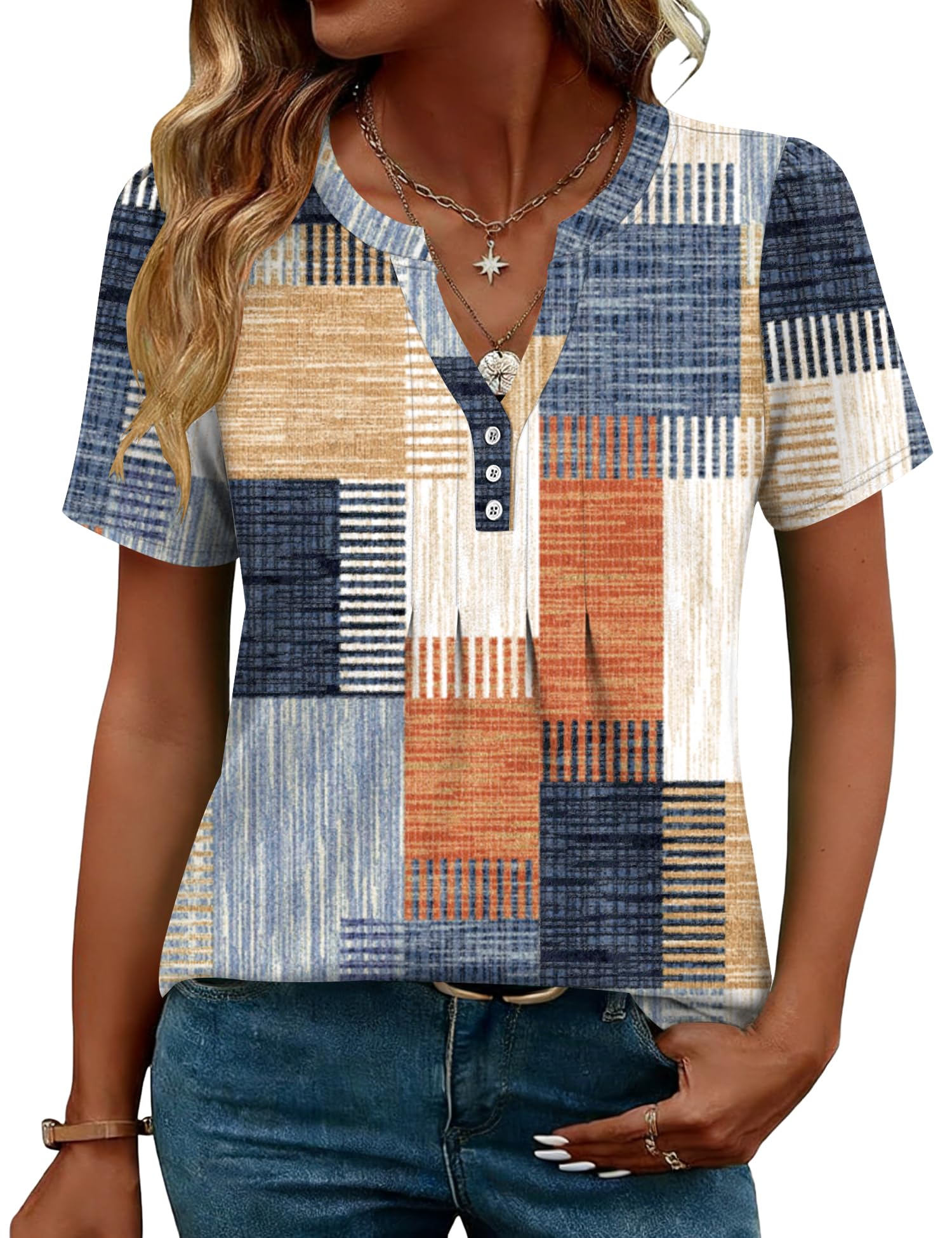 LOMON Womens Tops Dressy Casual V Neck Short Sleeve Shirts Summer Pleated Blouses Button Down Tunic Loose Fit