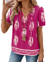 LOMON Boho Tops for Women Summer V-Neck Tie Front Peasant Blouses Casual Puff Sleeve Loose-Fit Flowy Shirts Beach Vacation