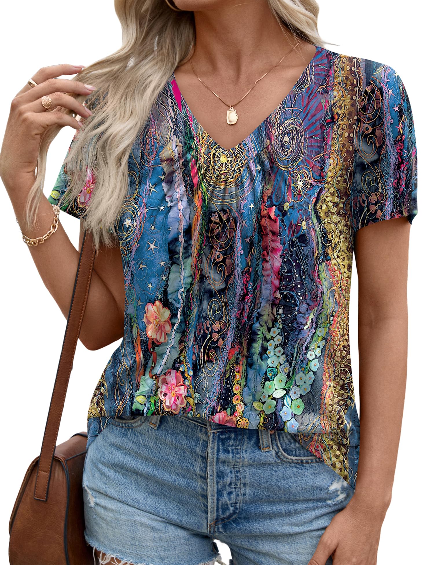 LOMON Womens Summer Tops Short Sleeve V Neck Pleated T-Shirts Loose Fit Dressy Casual Blouses S-XXL