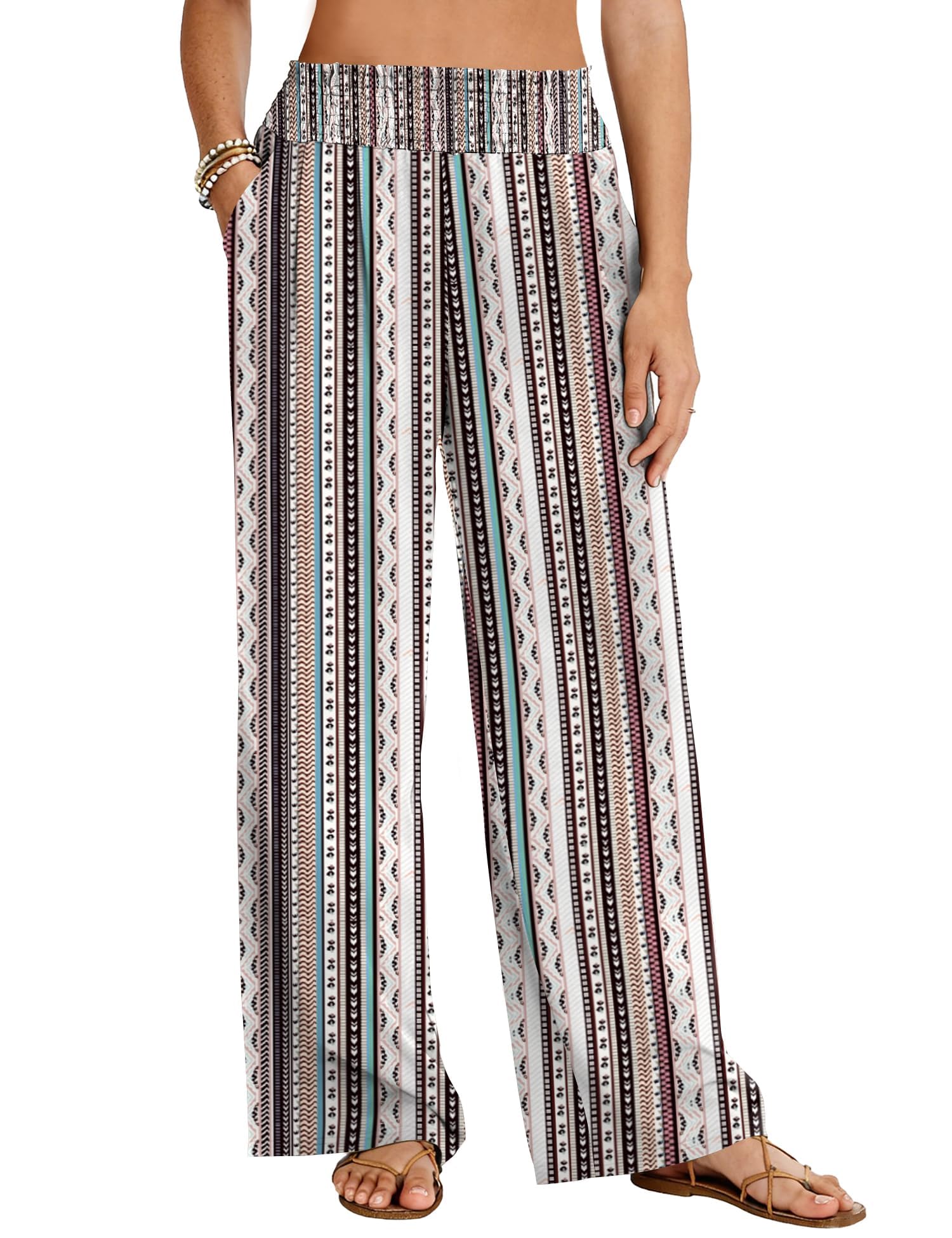 LOMON Womens Elastic High Waisted Palazzo Pants Casual Wide Leg Long Beach Vacation Trousers with Pockets