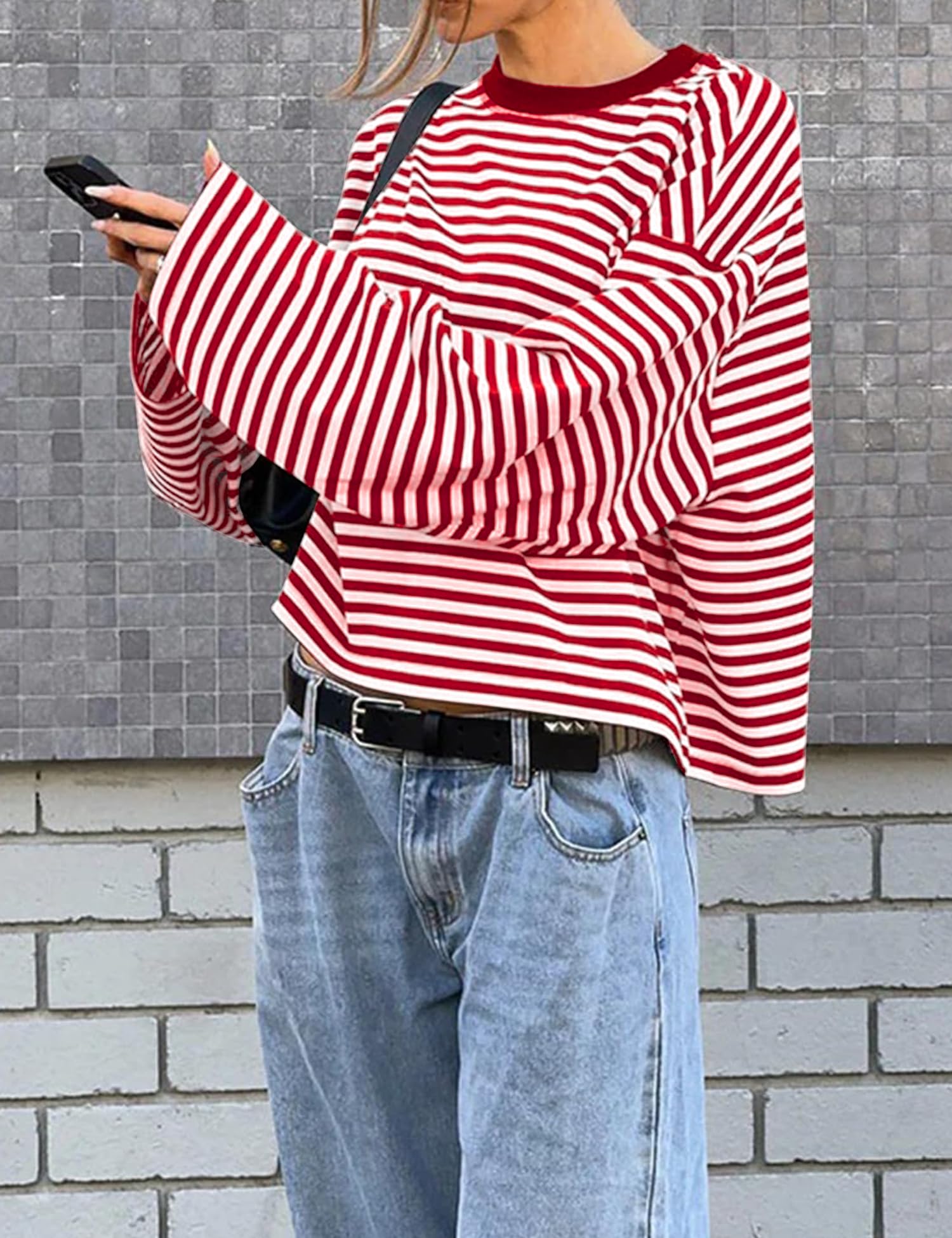 LOMON Striped Long Sleeve Shirt Women Y2k Oversized Crewneck Fall Spring Drop Shoulder Vintage Tops Teen Girl Clothes