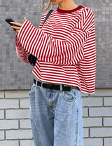 LOMON Striped Long Sleeve Shirt Women Y2k Oversized Crewneck Fall Spring Drop Shoulder Vintage Tops Teen Girl Clothes