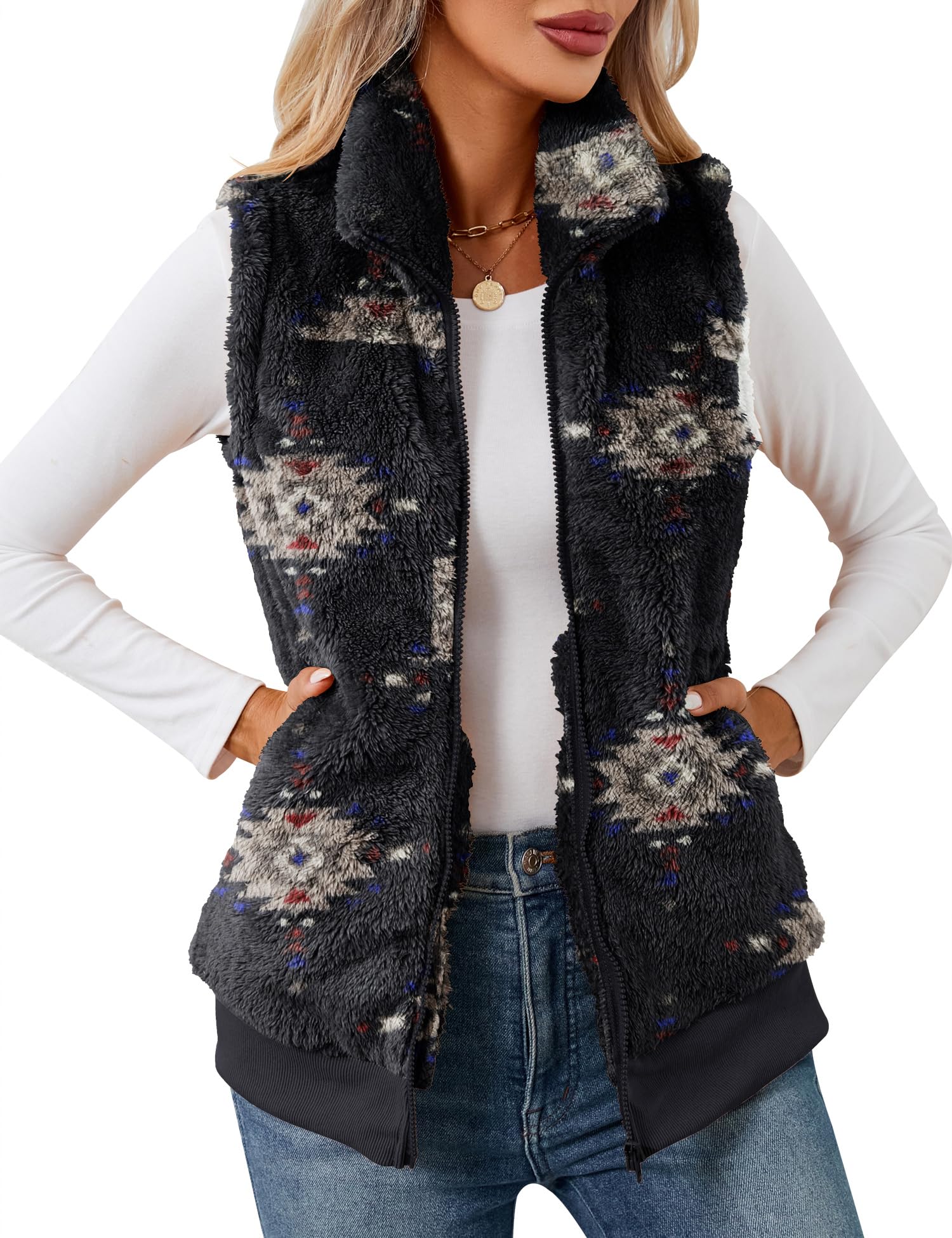 LOMON Womens Fuzzy Fleece Vest, Casual Warm Sleeveless Zip Up Sherpa Vest Jacket with Pockets for Fall/Winter