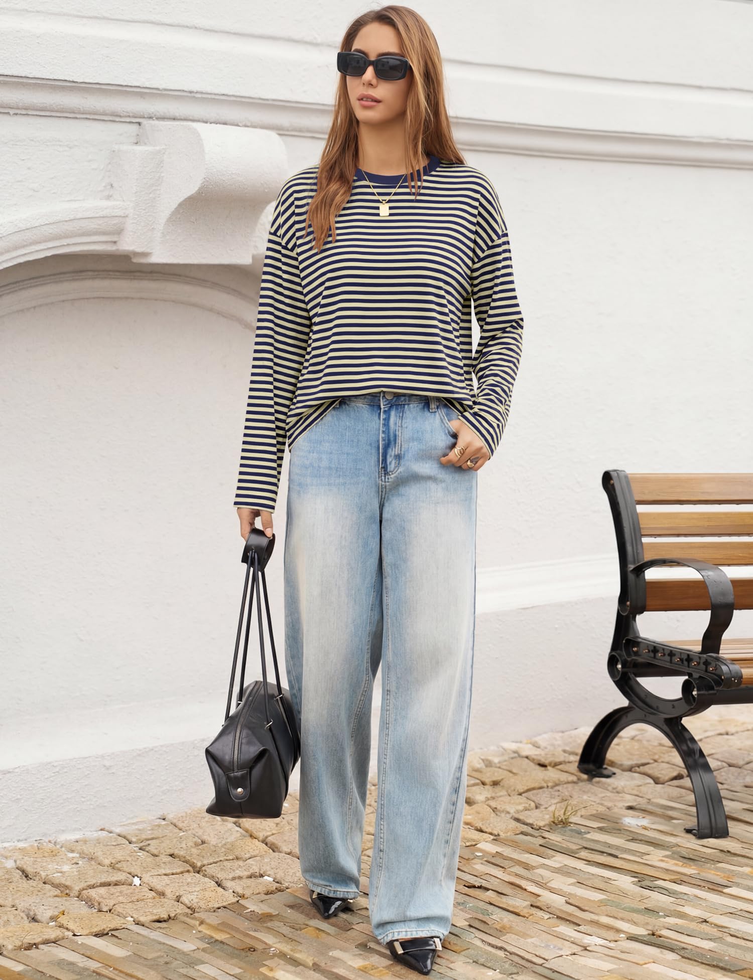 LOMON Striped Long Sleeve Shirt Women Y2k Oversized Crewneck Fall Spring Drop Shoulder Vintage Tops Teen Girl Clothes