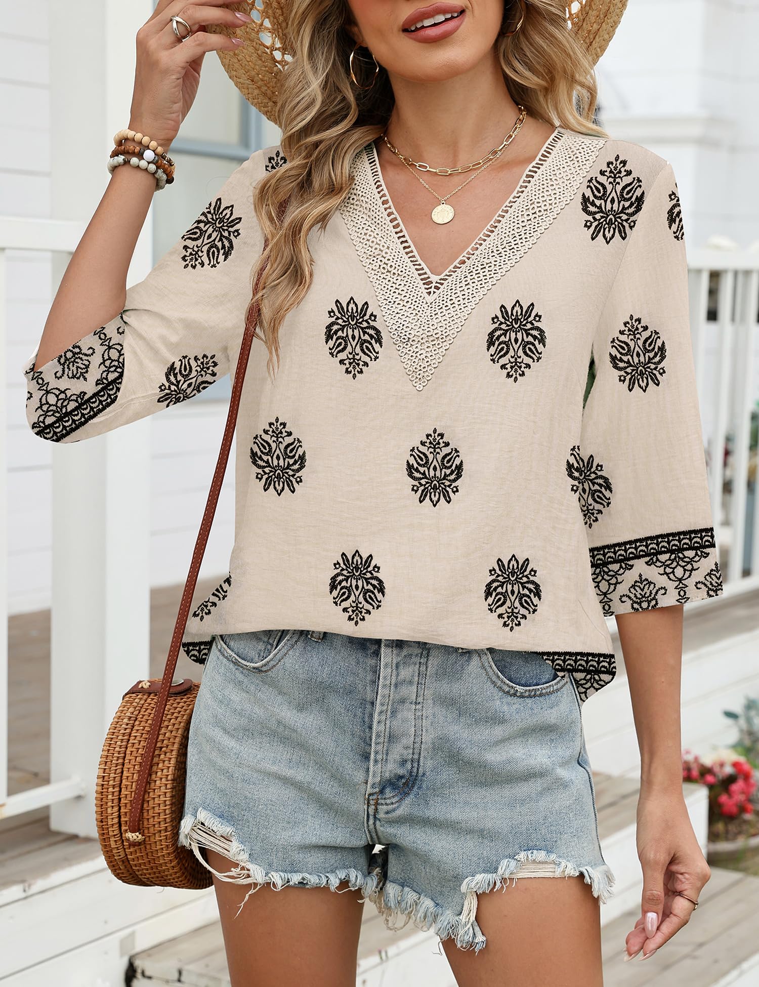 LOMON Women's 3/4 Length Sleeve Boho Tops V Neck Lace Summer Outfits Dressy Casual Flowy Shirts Vacation Clothes Blouses