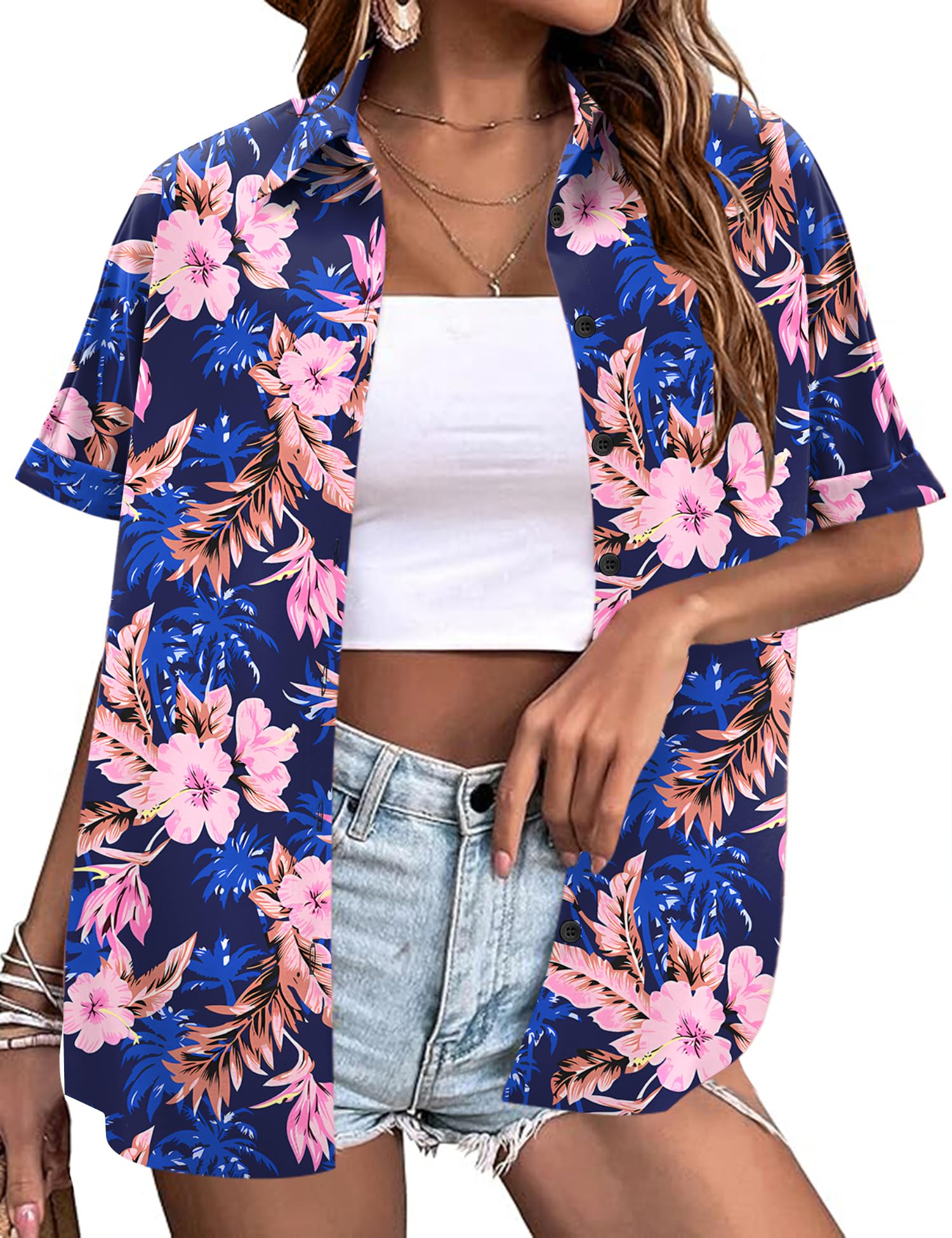 LOMON Women's Summer Hawaiian Shirts Floral Short Sleeve Button Down Shirts Hawaii Tropical Beach Tops Outfits