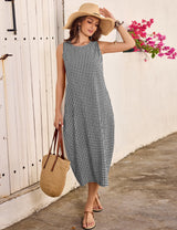 LOMON Summer Dresses for Women Cotton Casual Maxi Dress Beach Vacation Long Sundresses Plaid Striped with Pockets