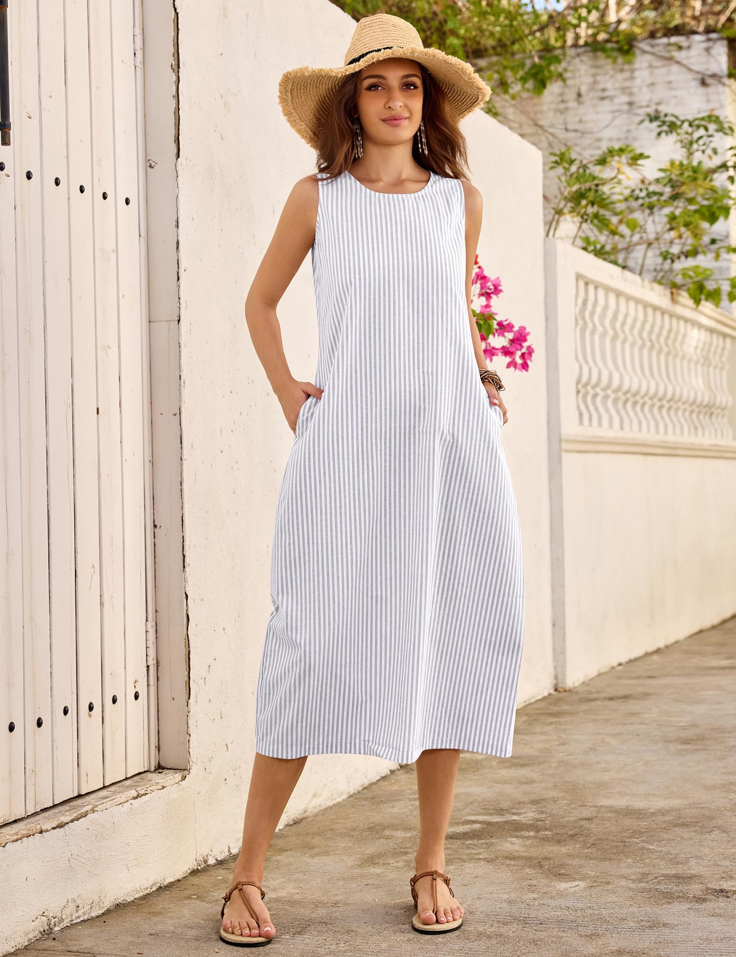 LOMON Summer Dresses for Women Cotton Casual Maxi Dress Beach Vacation Long Sundresses Plaid Striped with Pockets