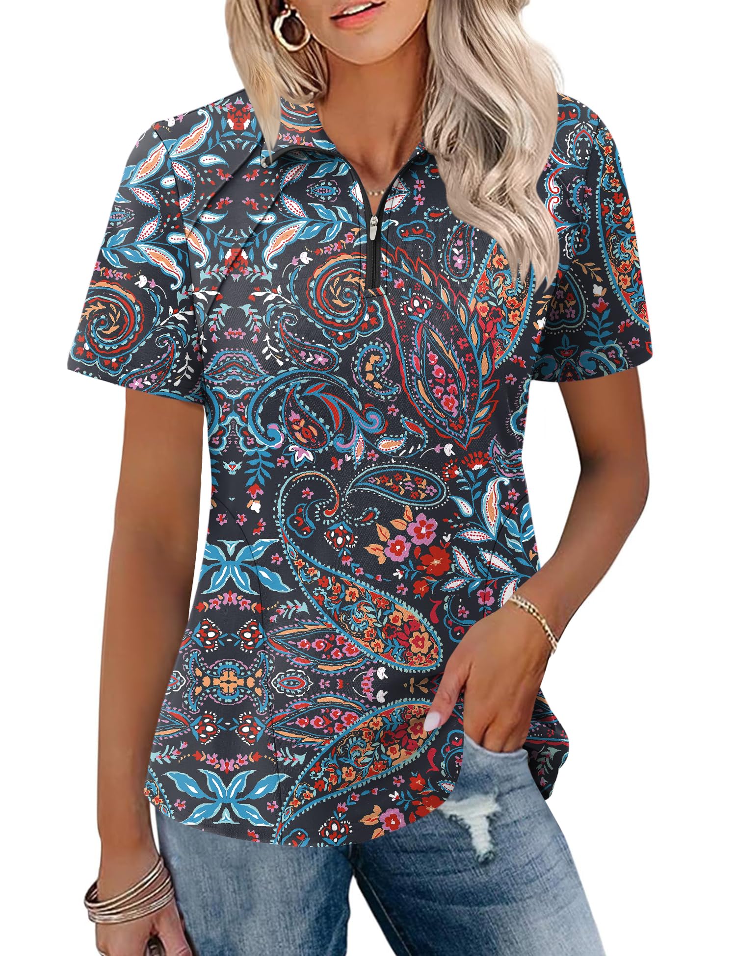 LOMON Womens Golf Polo Shirts Summer Short Sleeve 1/4 Zip Tops Moisture Wicking Casual Tennis Activewear with Pockets