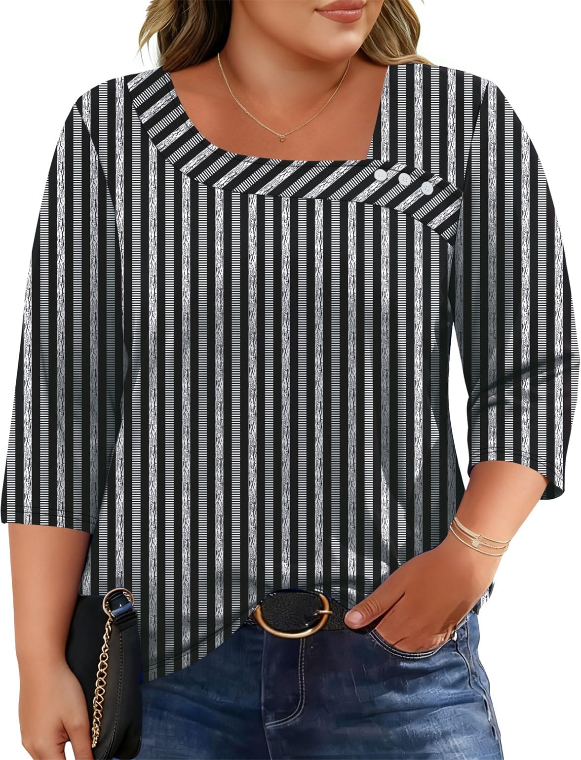 LOMON Womens Plus Size Tops 3/4 Length Sleeve T Shirts Asymmetrical Neck Blouses for Women Fashion 2026