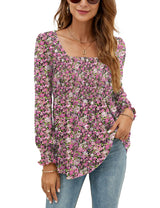 LOMON Blouses for Women Puff Long Sleeve Shirts Square Neck Casual Smocked Tunic Tops 2024 Spring Fall Winter Clothes S-XL