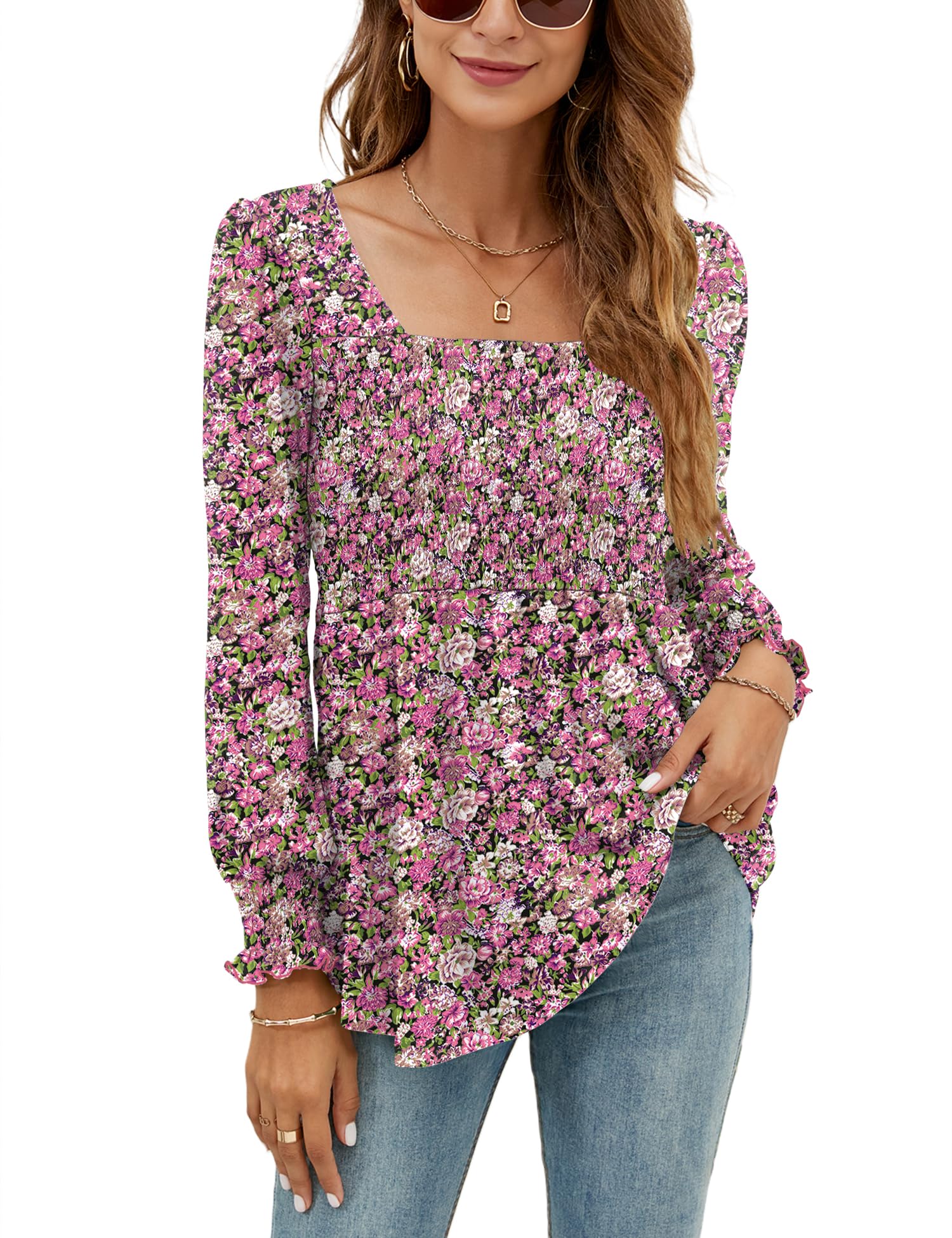 LOMON Blouses for Women Puff Long Sleeve Shirts Square Neck Casual Smocked Tunic Tops 2024 Spring Fall Winter Clothes S-XL