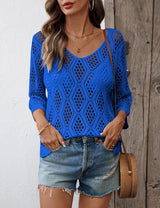 LOMON Womens 3/4 Sleeve Crochet Tops Off Shoulder Hollow Out Sweater V Neck Casual Loose Fit Beach Cover Up