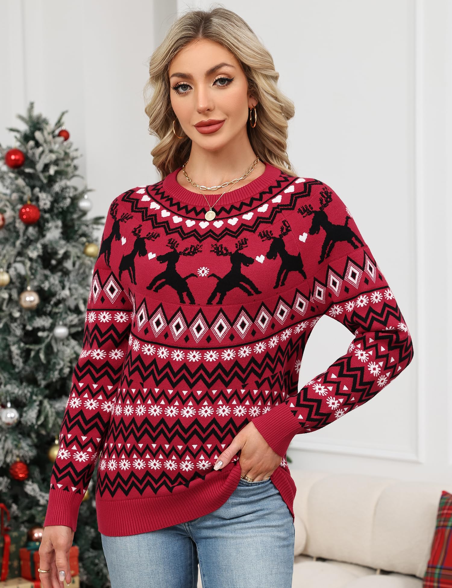 LOMON Womens Casual Lightweight Vintage Fair Isle Sweater Raglan Sleeve Crew Neck Knitted Pullover Comfy Warm Fall Tops