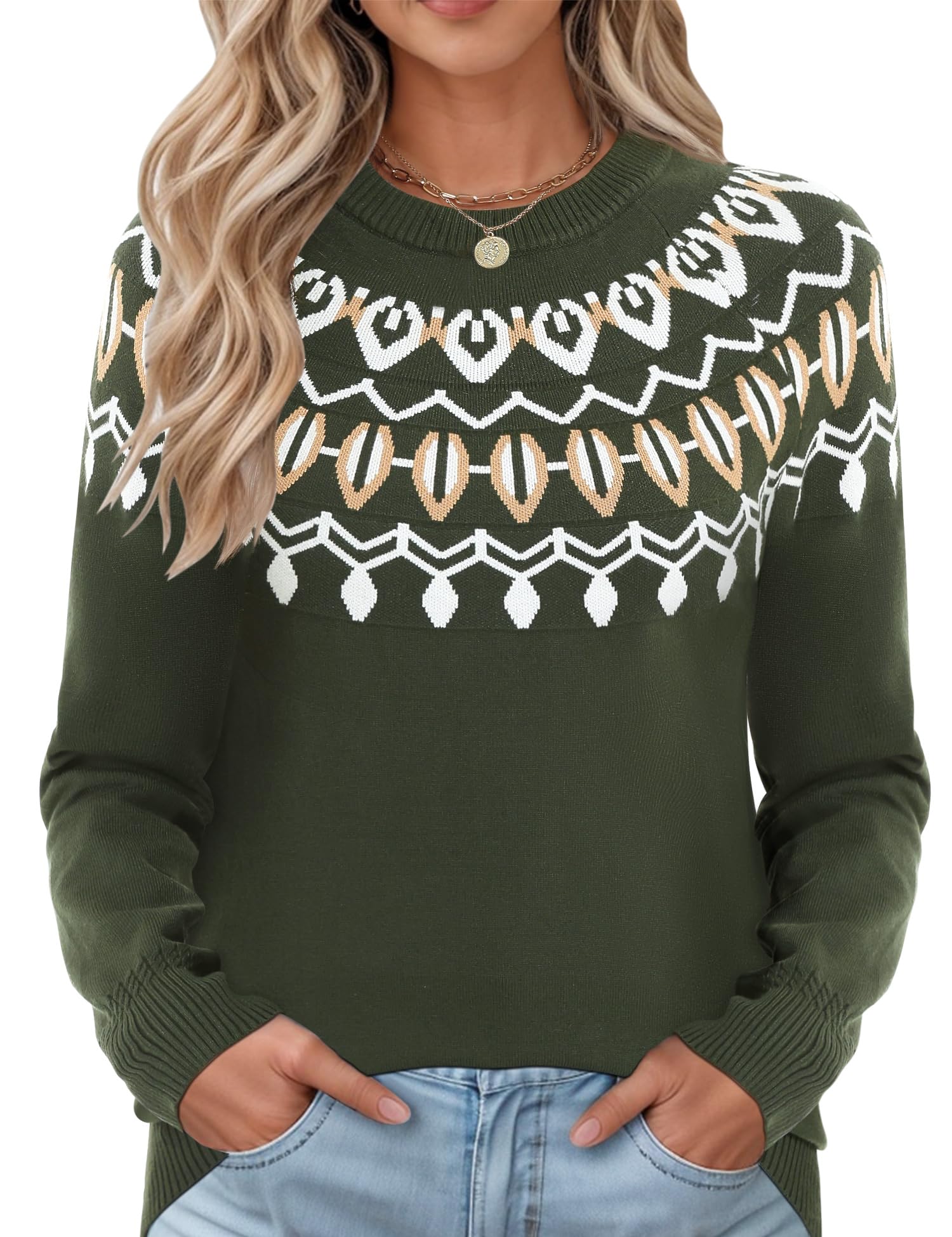 LOMON Womens Casual Lightweight Vintage Fair Isle Sweater Raglan Sleeve Crew Neck Knitted Pullover Comfy Warm Fall Tops