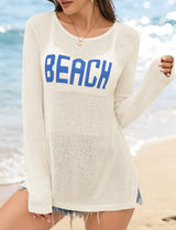 LOMON Beach Cover Up for Women Letter Print Long Sleeve Sweater Crochet Tops Shirts Casual Crewneck Split Hem Pullover