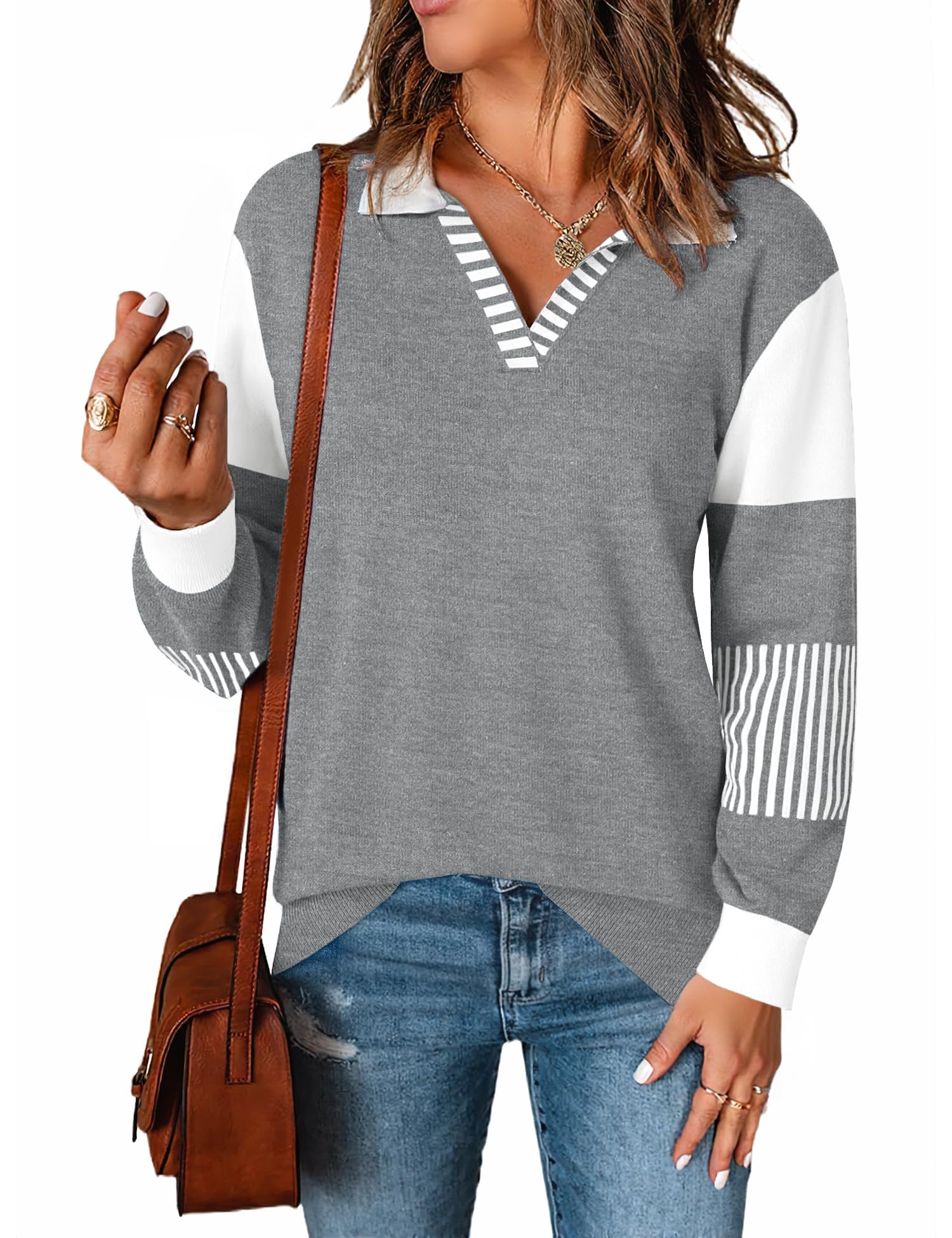 LOMON V Neck Long Sleeve Loose Sweaters Color Block Striped Knitted Pullover Jumper Tops